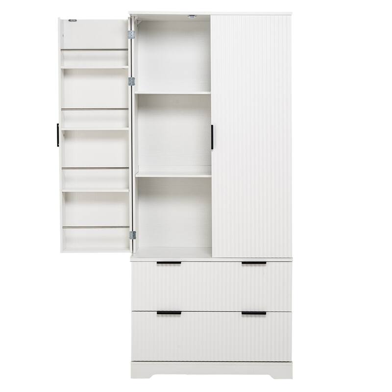 Roomfitters 72" Tall Fluted Kitchen Pantry Cabinet with 2 Large Deep Drawers & 8 Door Spice Racks