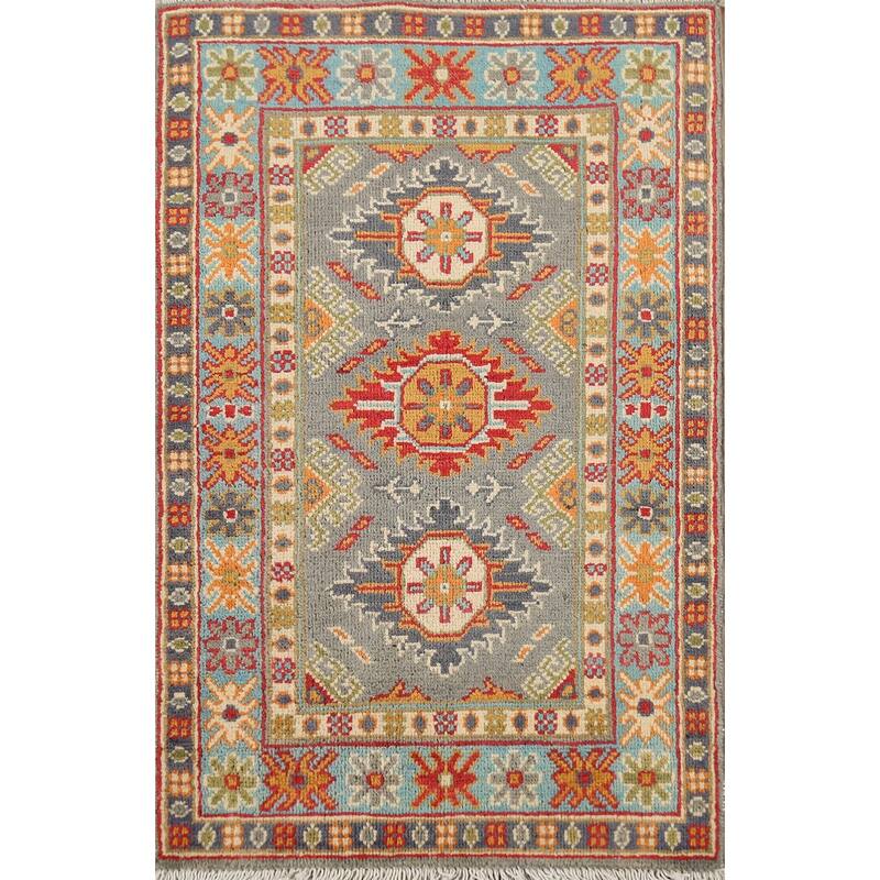 Gray Geometric Kazak Accent Rug Hand-Knotted Traditional Wool Carpet - 2'1"x 2'10"