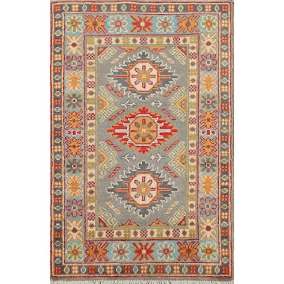 Gray Geometric Kazak Accent Rug Hand-Knotted Traditional Wool Carpet - 2'1"x 2'10"