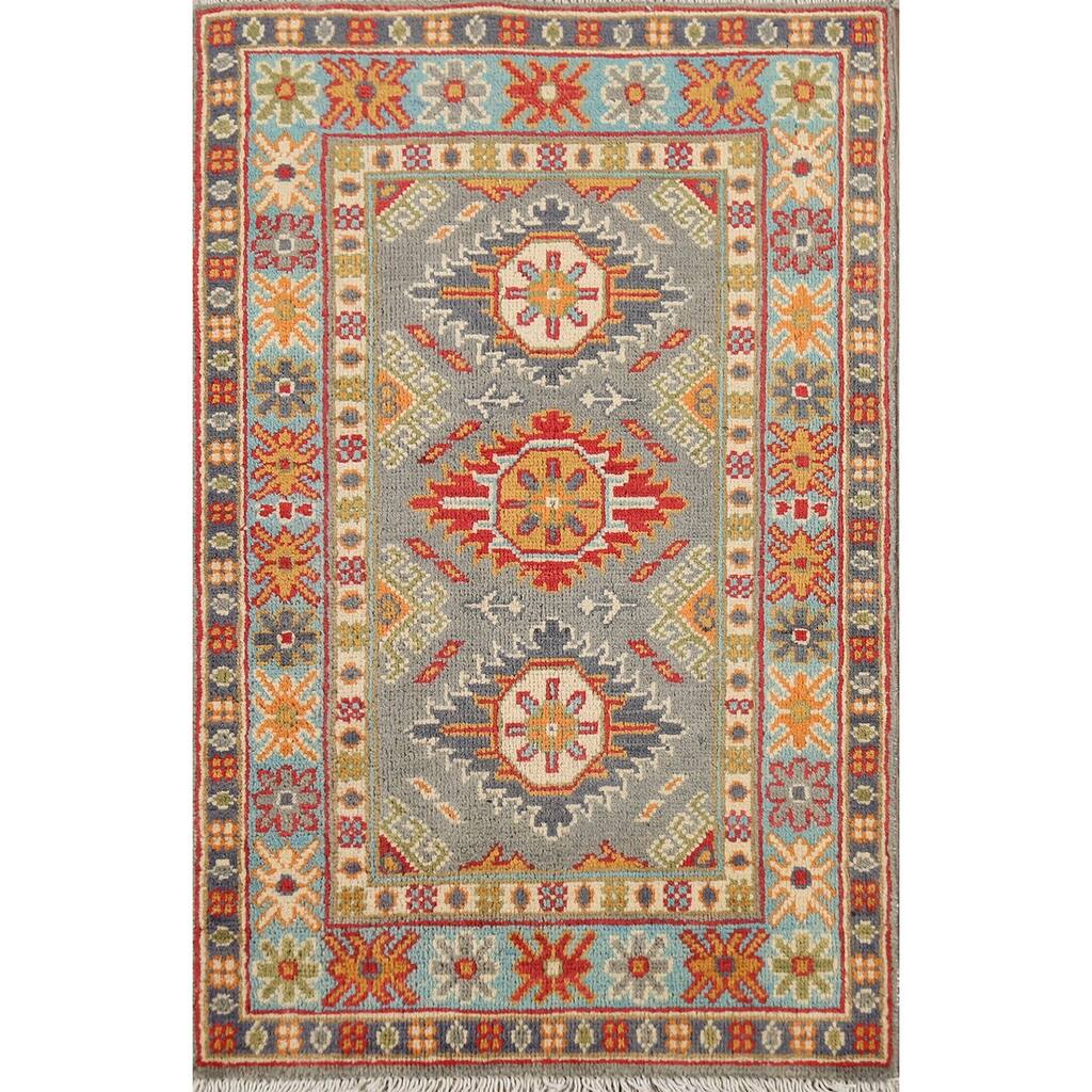 Gray Geometric Kazak Accent Rug Hand-Knotted Traditional Wool Carpet - 2'1"x 2'10"