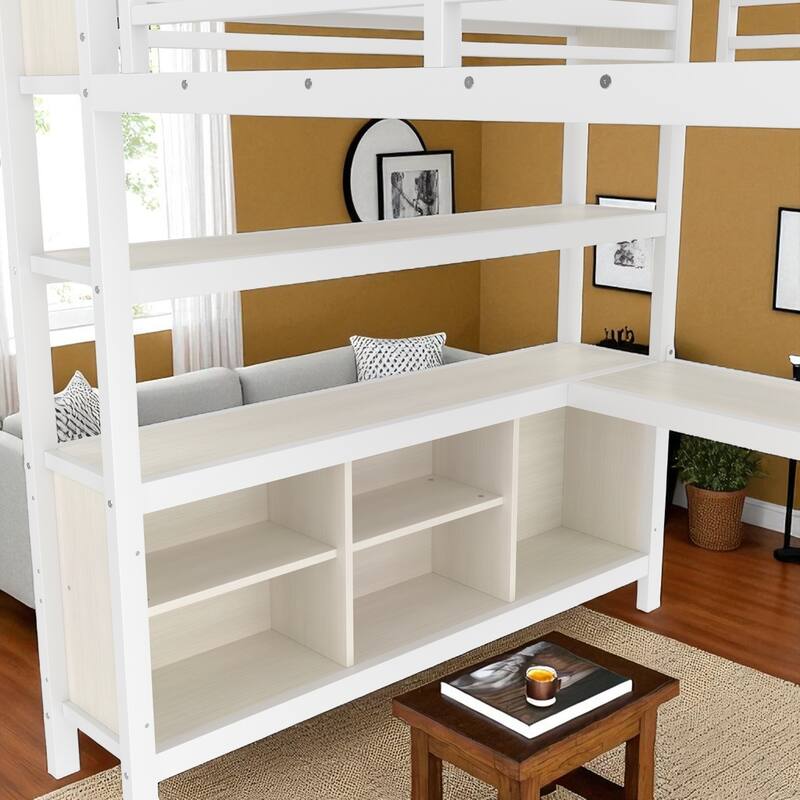 Queen Metal Loft Bed with L-Shaped Desk, Wardrobe, Shelves, Heavy-Duty Frame for Teens Adults