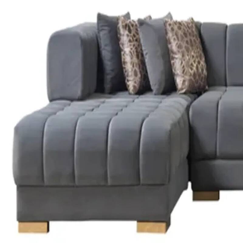 HomeRoots Gray Velvet U Shaped Three Piece Sofa and Chaise Sectional With Toss Pillows