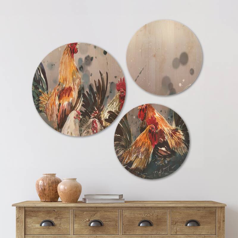 Designart 'Group of Rooster in Gray Farm background' Farmhouse Animal