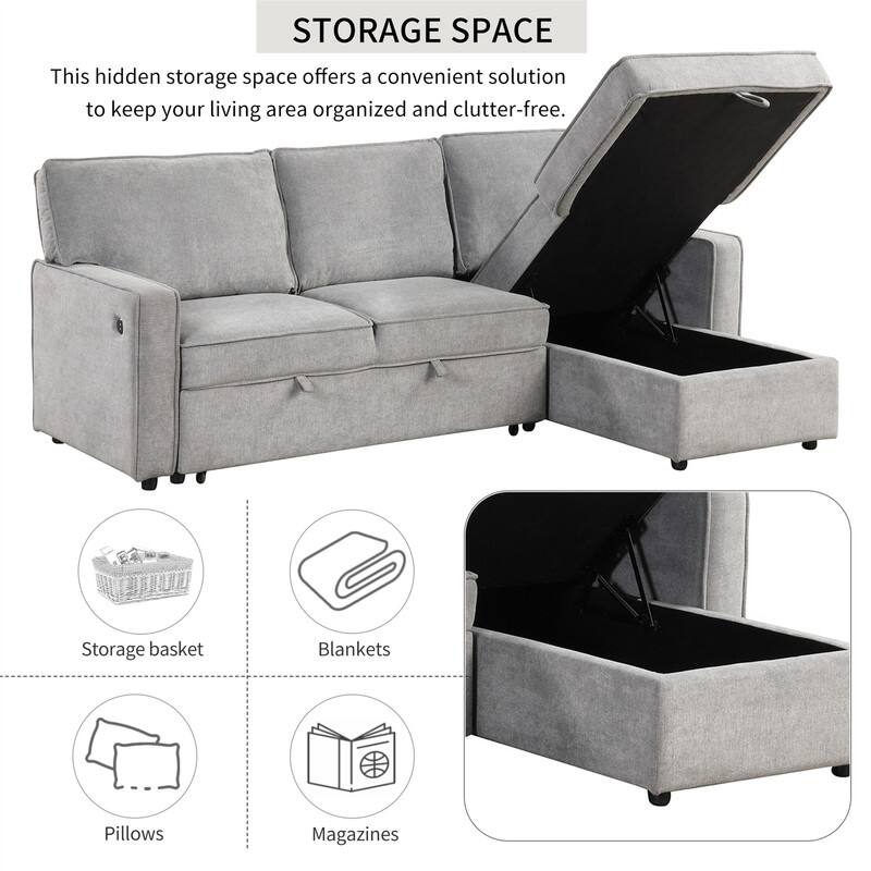 Upholstery Sleeper Sectional Sofa with Storage and 2 Cup Holder, Modern Corner Sectional with Pull-Out Sleeper and USB port
