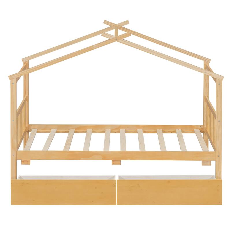 Twin Size Wooden House Bed with Drawers, 79.5"L x 41.5"W x 63.1"H, Natural