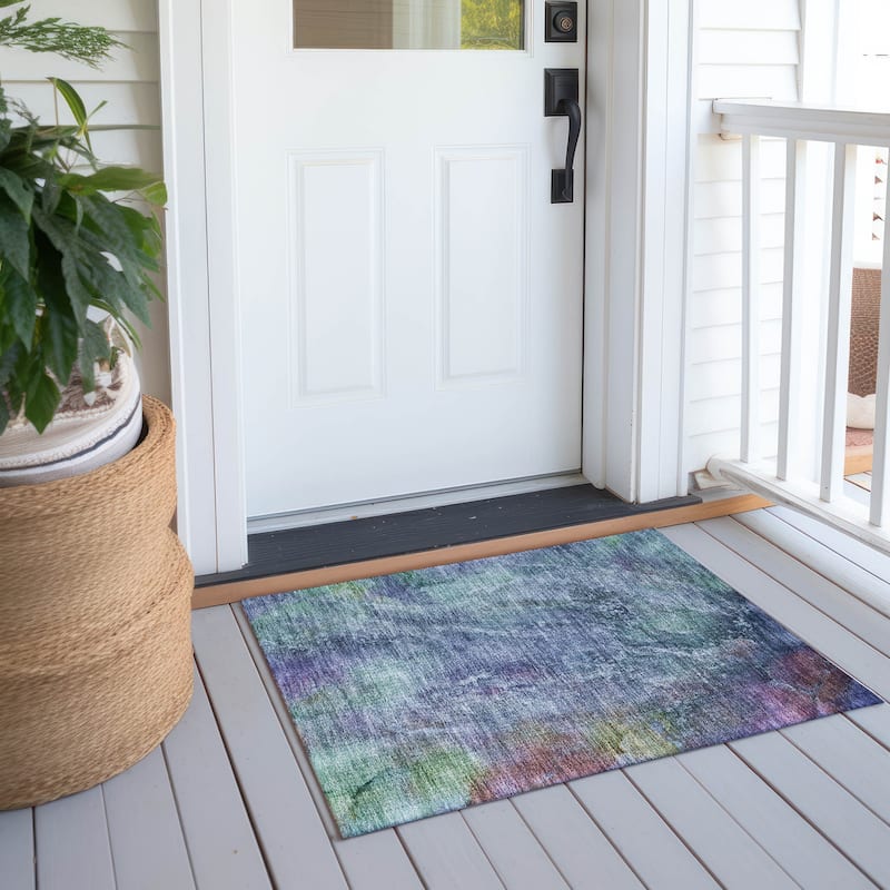 Machine Washable Indoor/ Outdoor Abstract Watercolor Chantille Rug - Blue - 1'8" x 2'6"