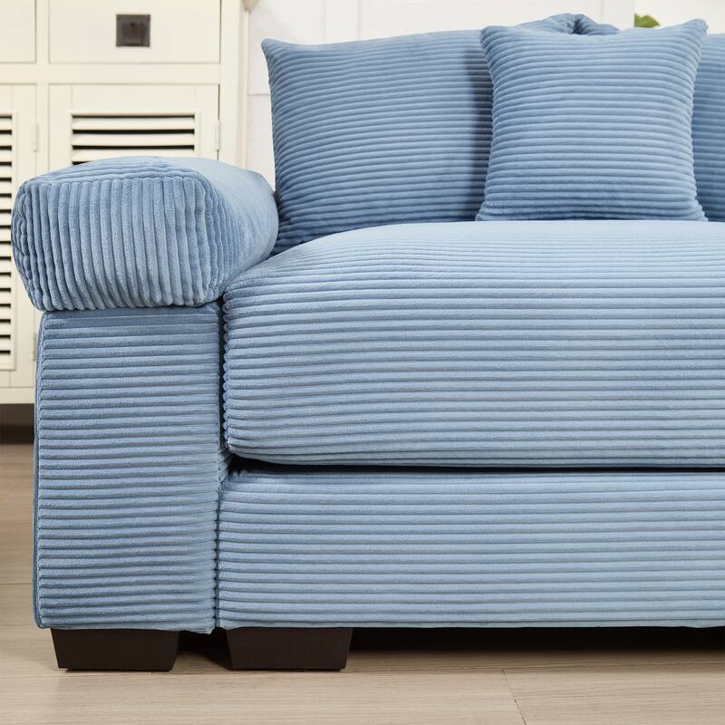 Blue Corduroy Ottoman Sofa with Storage - 46" Wide Modular Sectional with Thick Armrests, Solid Wood Frame & Movable Ottoman