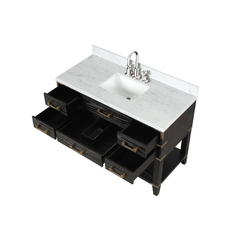 Lexora Norwalk Bath Vanity, Carrara Marble Top, Faucet Set, and Mirror