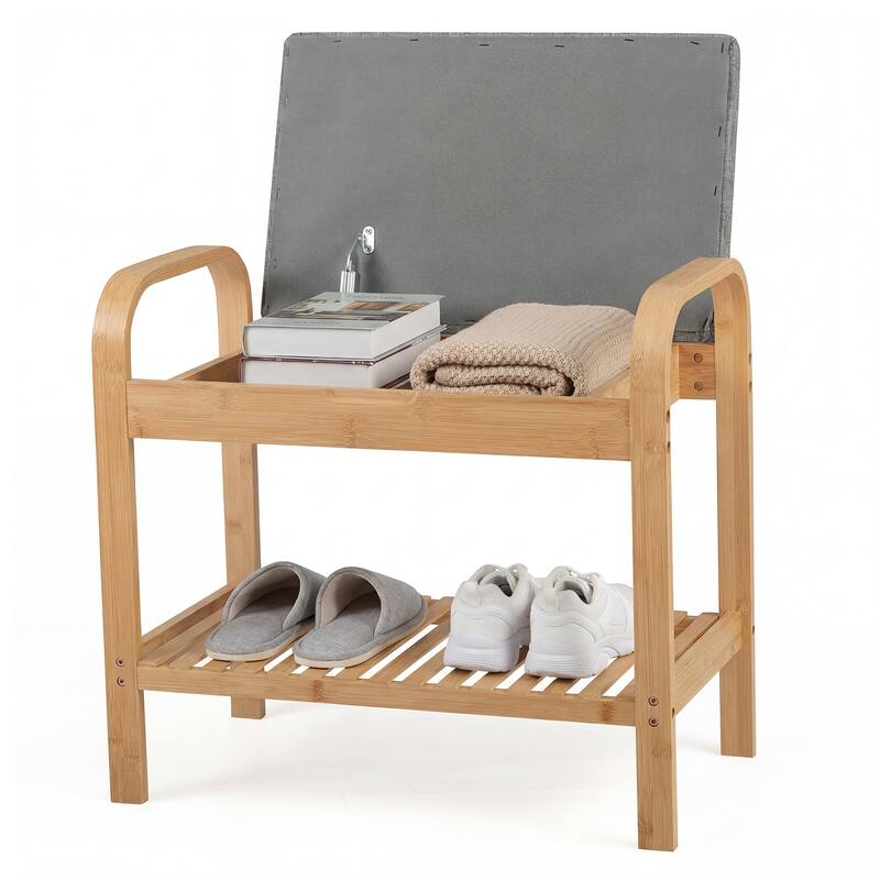 Gymax Shoe Rack Bench Bamboo W/Cushioned Seat&Storage Shelf Padded