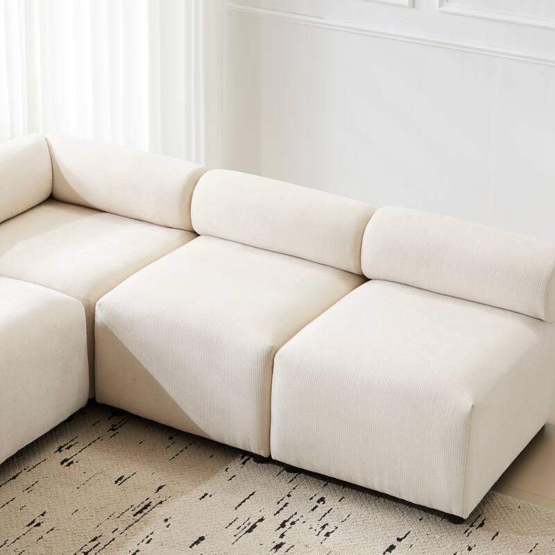 L Shaped Modular Sectional Sofa, Chenille Upholstered Round-Back 4 Seat Sofa, High Resilience Soam Corner Sofa - Beige
