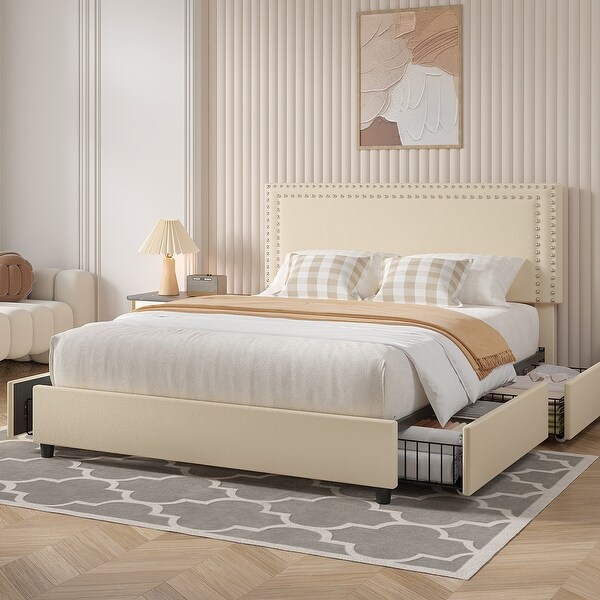Regulusページ VECELO Queen Bed Frame with 4 Storage Drawers, Beige