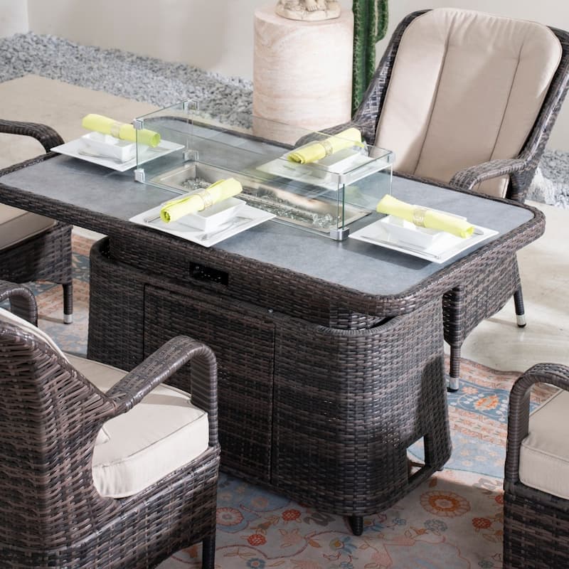 Modern 5-piece Aluminum Outdoor Hand-woven PE Rattan Dining Set with Adjustable Fire Pit Table