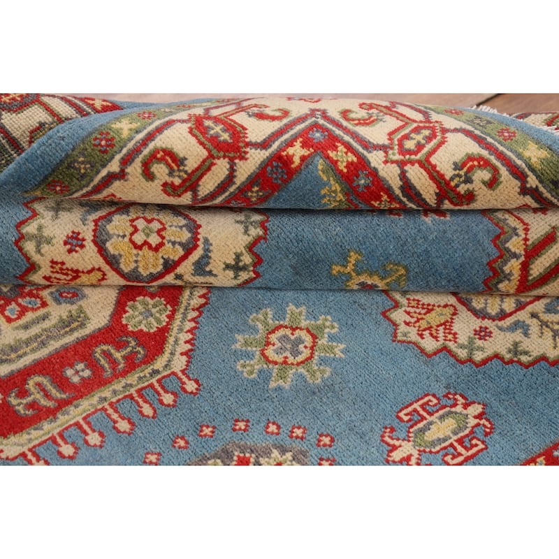 Light Blue Geometric Kazak Area Rug Hand-Knotted Oriental Wool Carpet - 4'3" x 6'4"