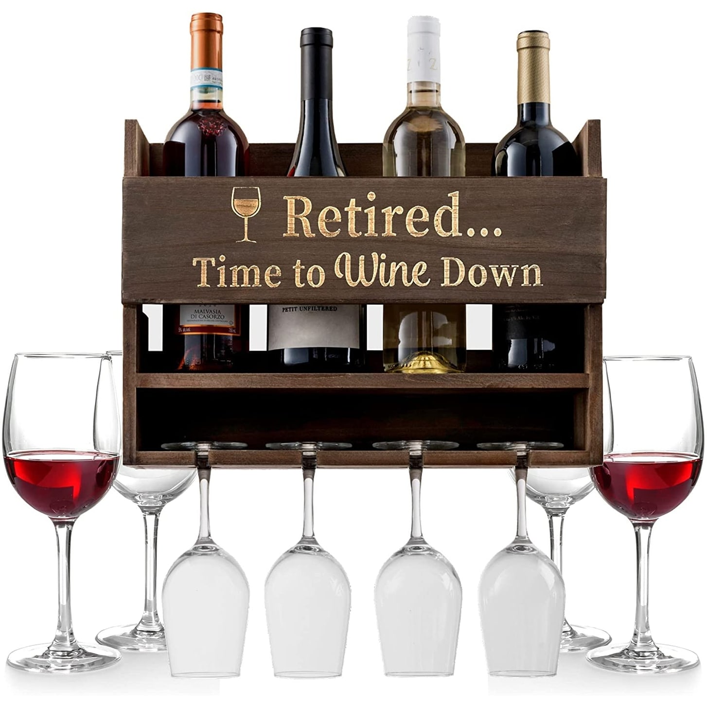 "Retired…Time to Wine Down" Wall Mounted Wine Rack - Uniqu Wine Gifts - Includes 4 Wine Glasses