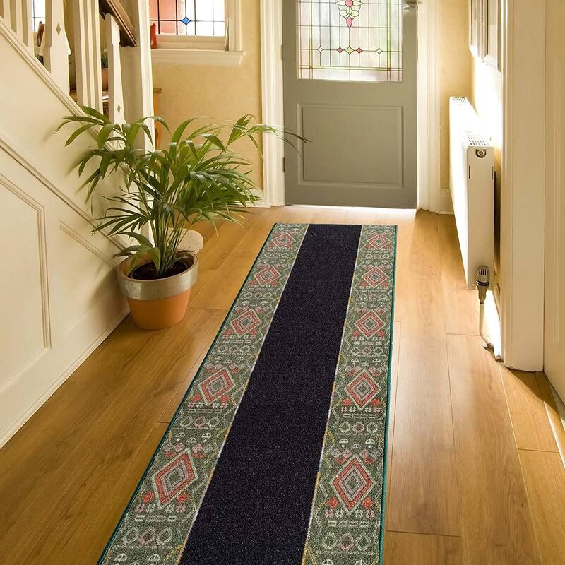 Custom Size Southwestern Border 26 Inch Wide Non-Slip Stair Runner Rug - 32 Feet - Black&Green