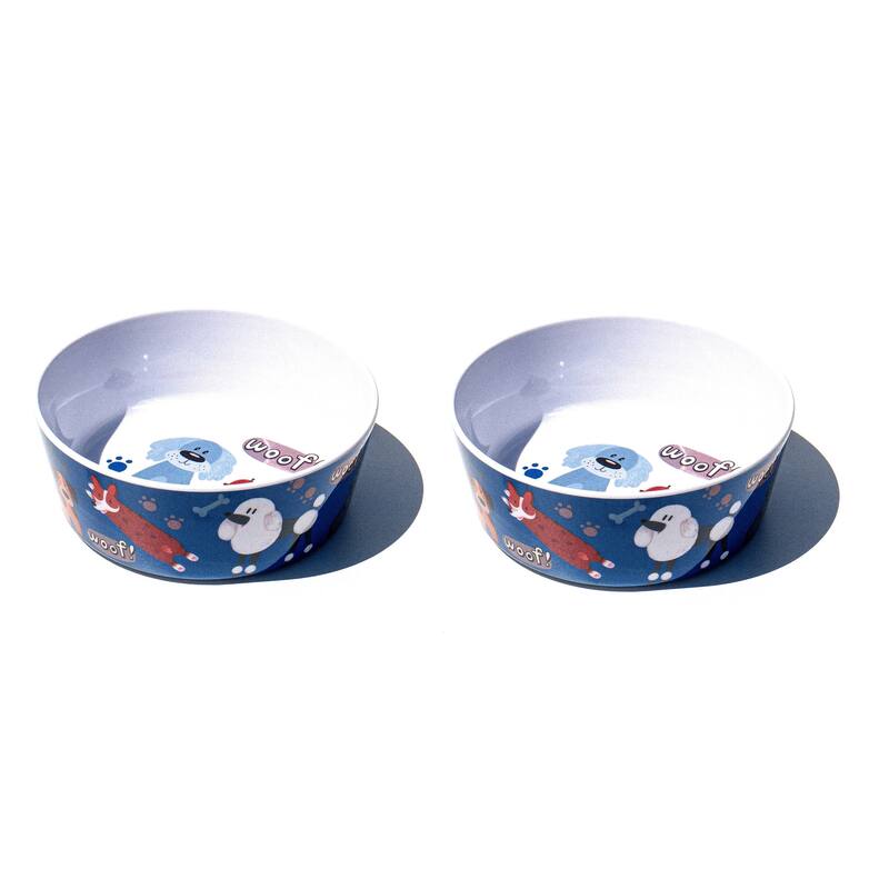 Abode Homewares Whimsy Dogs Melamine Pet Bowl - Medium - 3 Cups - Blue - Set of 2 - Blue
