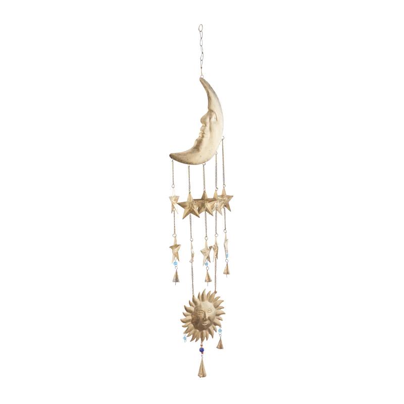 Metal Sun and Moon or Floral Sun and Flowers Windchime with Glass Beads and Cone Bells - Gold - Roche River Decor