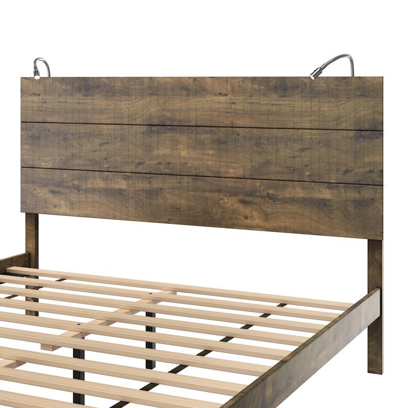 3-Piece Bedroom Sets Queen Size Platform Bed w Nightstands Antique Walnut/Rustic Gray/Black Gold