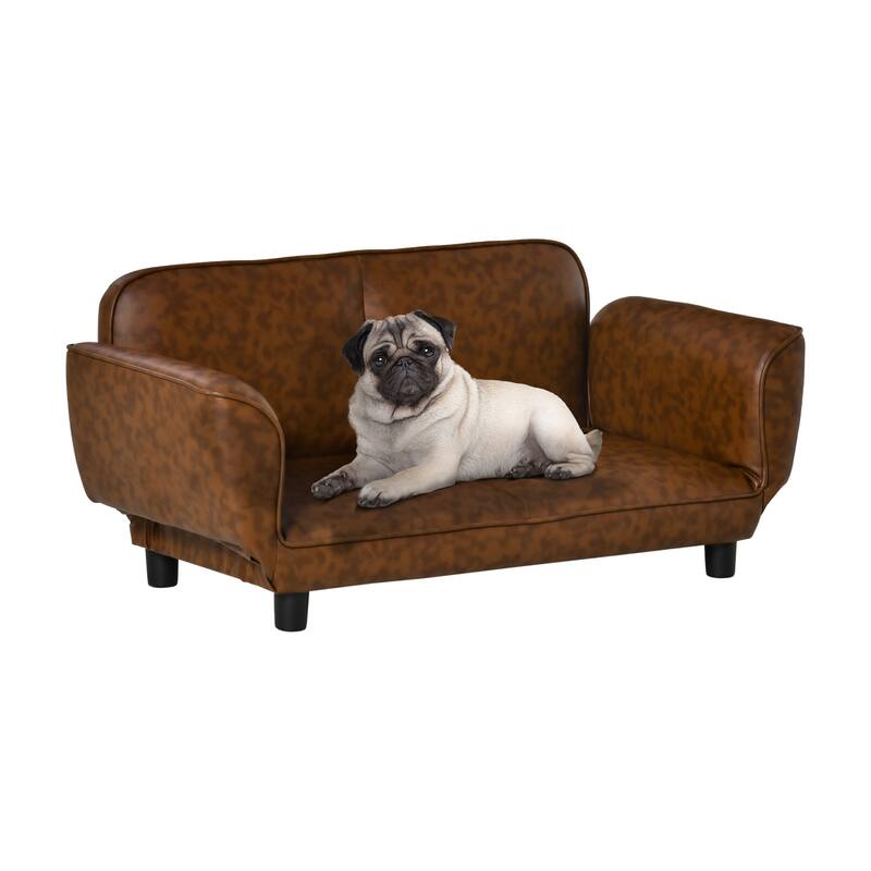PawHut Pet Sofa Dog Bed Couch, Foldable Cat Lounger PU Leather Cover for Medium & Large Sized Animals - Brown