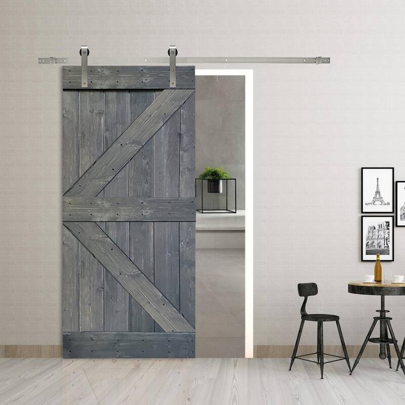 30 in x 84 in Gray Stained K Style Wood Barn Door w/ Sliding Hardware ...