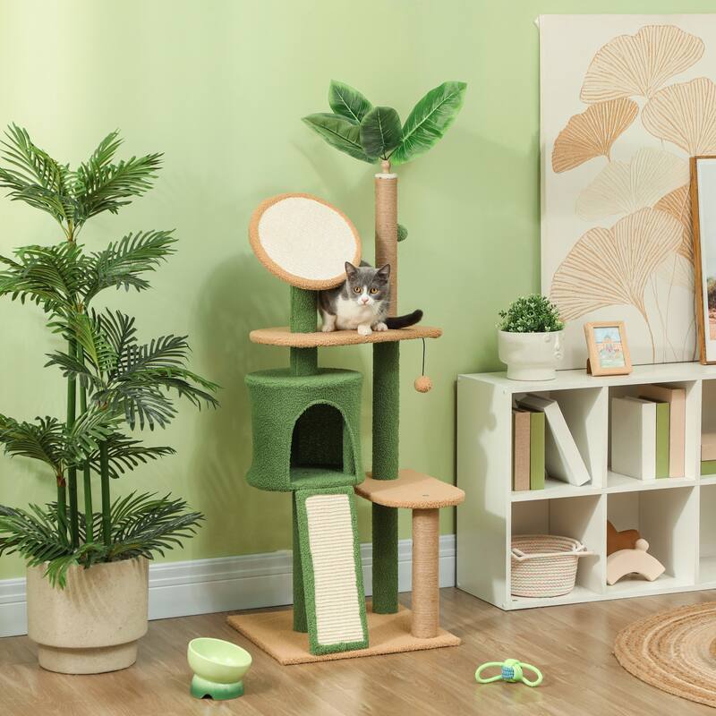 PawHut Cat Tree for Large Adult Indoor Cat with Green Leaves, 55 Inch Cat Tower with Cat Scratching Posts, Cat Condo, Green