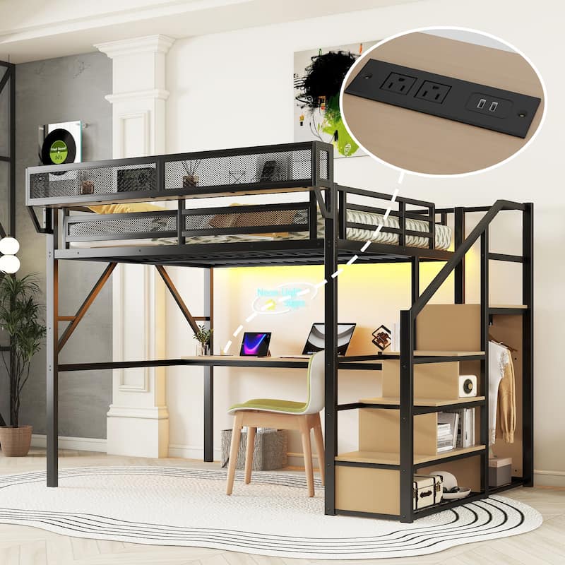Iron Loft Bed Frame with Desk, Charging Station, Bedside Shelf and Wardrobe, Heavy Duty Metal Loftbed with LED Lights
