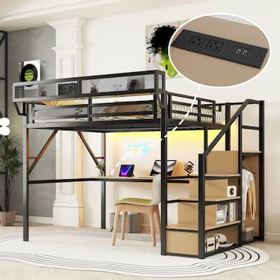 Queen Loft Bed with Desk and Charging Station, Queen Size Metal Loft Bed with Stairs and Light for Kids Teens, Black