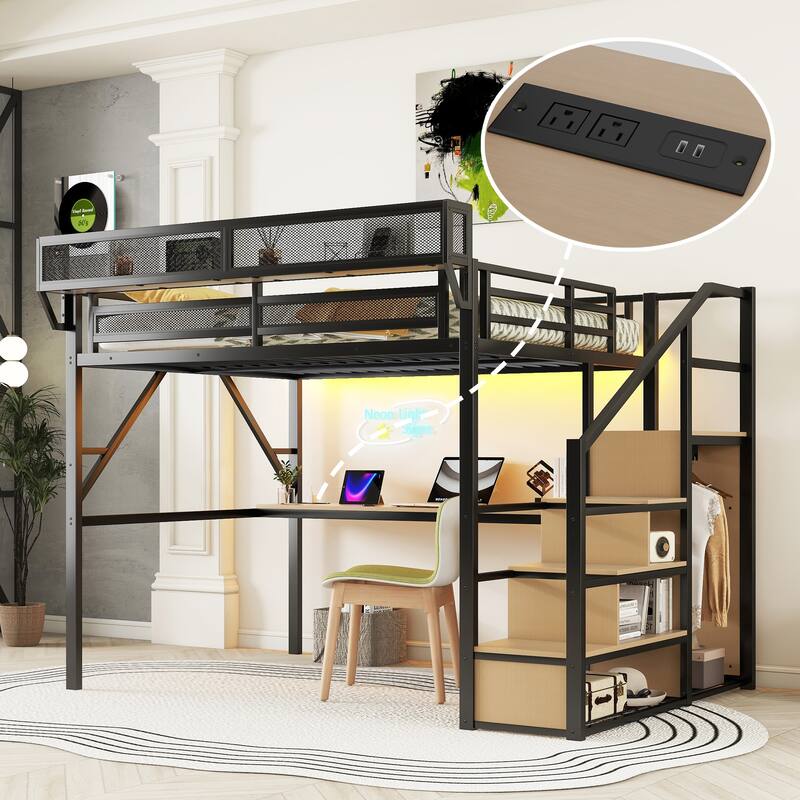 Queen Size Metal Loft Bed with Desk, Stairs, Charging Station, and Storage for Kids and Teens - Black