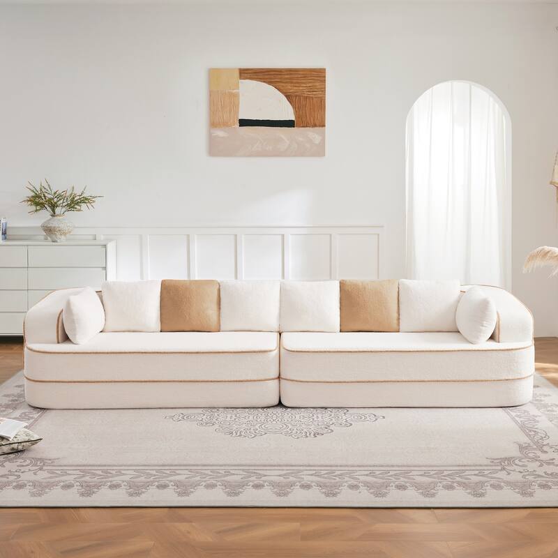 Roomfitters No Assembly Modular Sofa, 106 Inch Teddy Fabric Floor Couch with Chaise, White