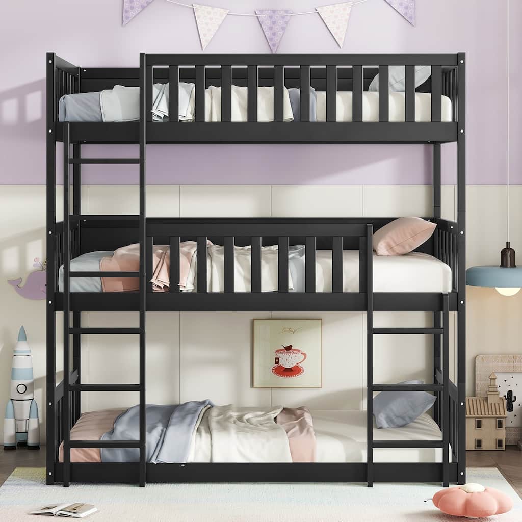 Triple Rubber Wood Bunk Bed, Twin over Twin, Black, Detachable, Space-saving Design