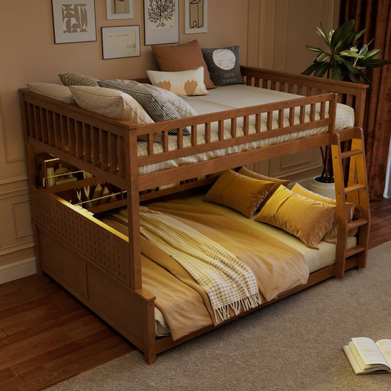 Kids Bunk Bed Frame with Integrated Shelving, Light Strip and Pegboard, Convertible into Floor Platform Bed and Low Loft Bed