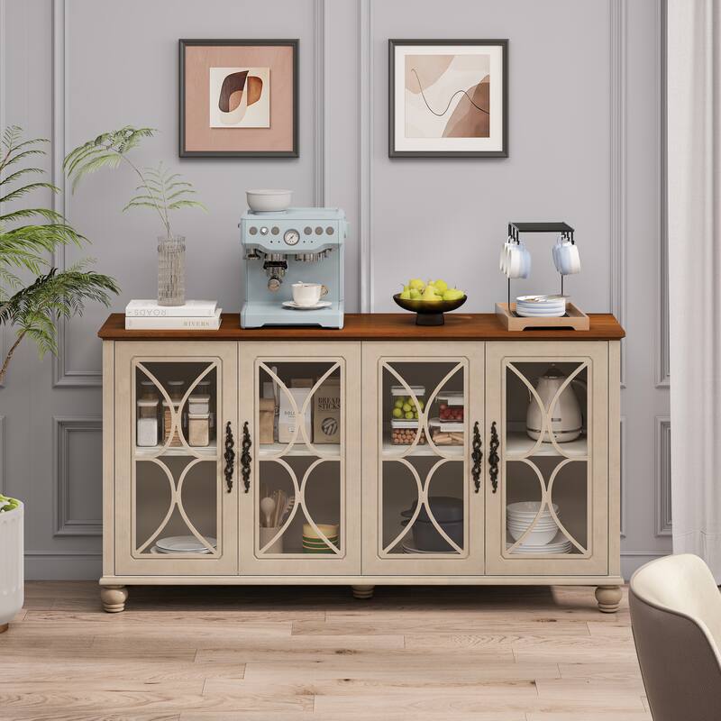 59.45" Antique 4-Door Cabinet with Tempered Glass Doors, Retro Buffets Sideboards, European Hallway Accent Cabinet - Beige