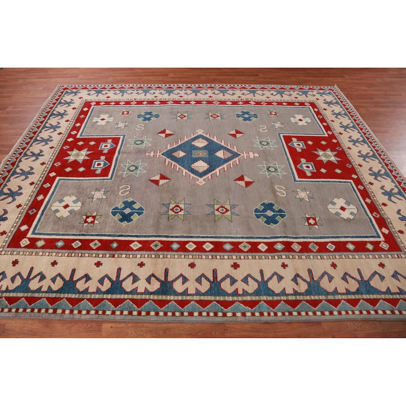 Hand Knotted Oriental 100% Wool Carpet Traditional Geometric Greys & Charcoal Kazak Area Rug - 9' 6'' X 7' 9''