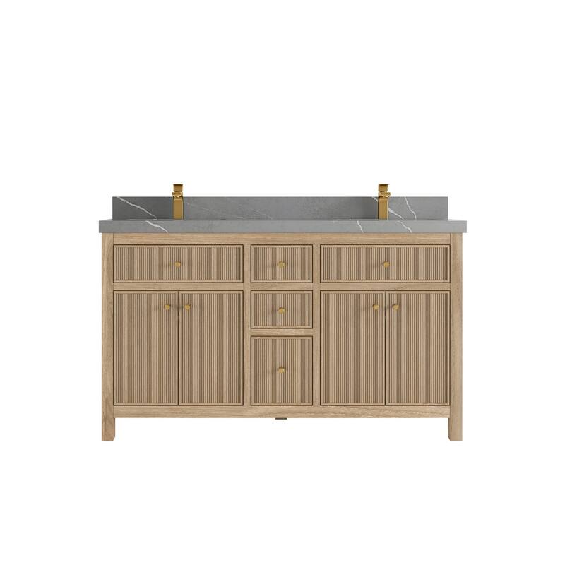 Willow Collections 60 in. W x 22 in. D Sonoma Teak Double Sink Bathroom Vanity with Countertop - 2” Piatra Gray - Light Graywashed