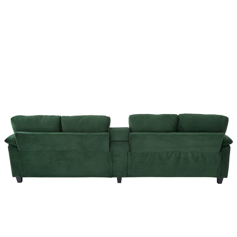 Corduroy Upholstered 4 Seat Sofa, U-shaped Sectional Sofa with Movable Storage Ottomans, Console, Cup Holders and USB Ports