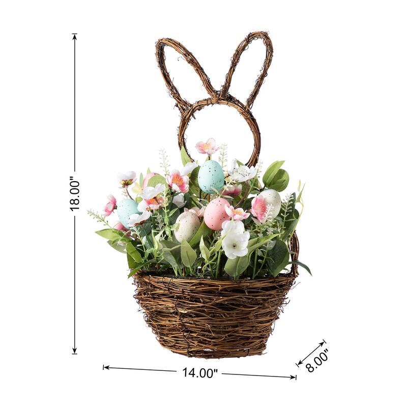 Glitzhome Easter Bunny Shaped Wreath with Eggs Satin Ribbon Bow Basket