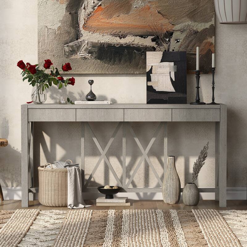 Acacia Veneer Console Table Entryway Table with 4 Drawers and X-Leg, Farmhouse Sofa Table with Open Bottom Storage