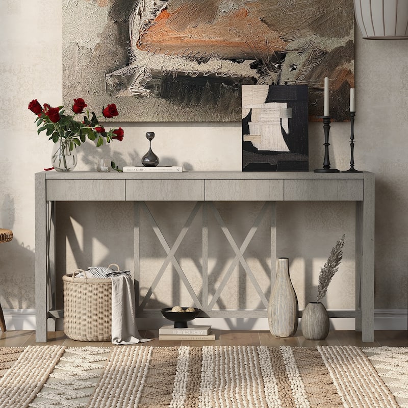 Roomfitters 60" Farmhouse Console Table, Acacia Veneer Entryway Sofa Table with 4 Drawers and Crisscross Design - Grey