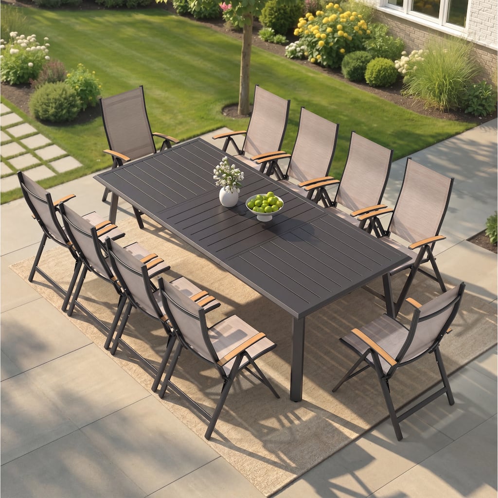 9/11/13-Piece Outdoor Patio Dining Set All-Weather Aluminum Dining Table with Umbrella Hole and Adjustable Folding Chairs