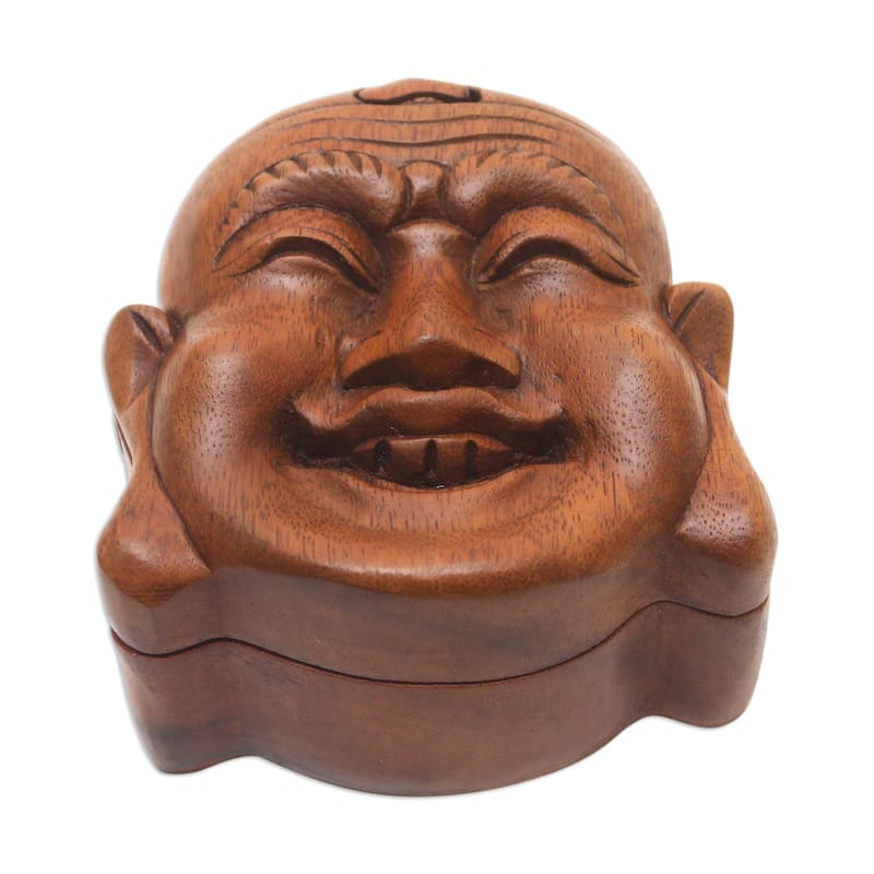 Novica Handmade Laughing Buddha Wood Puzzle Box