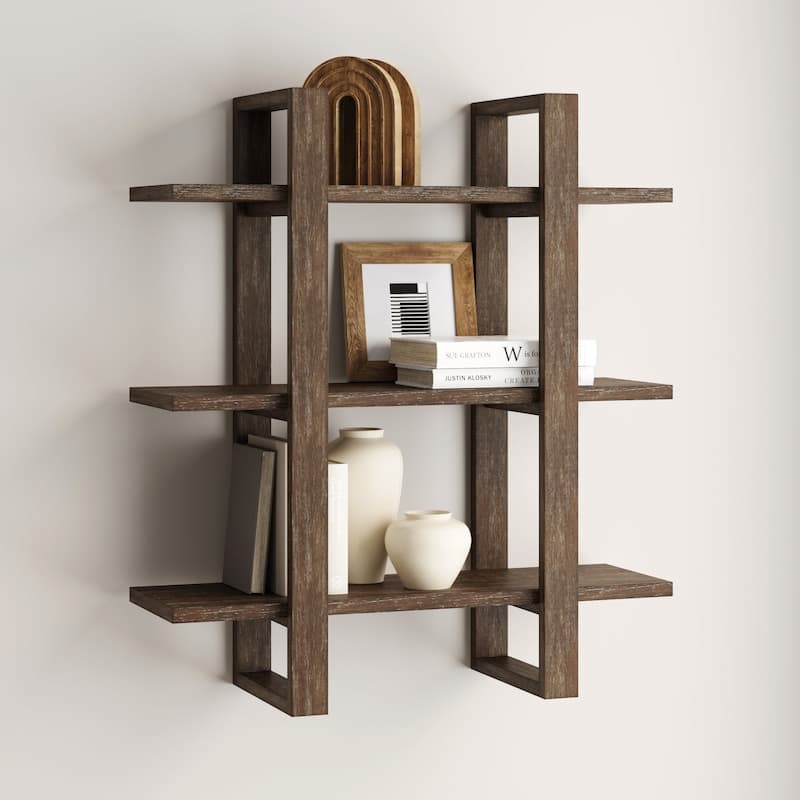Nathan James Benji Floating Wall Book Shelves, 3-Tier Display Shelf, Decorative Modular Shelf in Solid Wood - Dark Brown