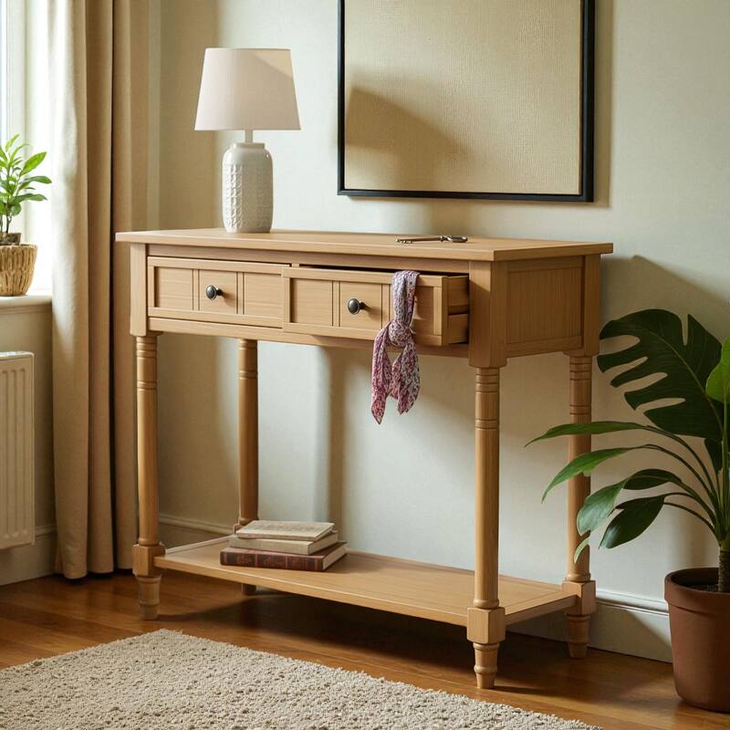 Daisy Series Traditional Console Table with 2 Drawers and Bottom Shelf, Solid Pine Wood Entryway Accent Table