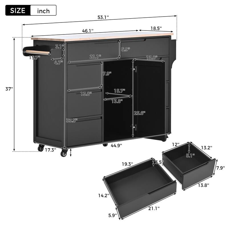 Kitchen Island with 8 Handle-Free Drawers, Rubber Wood Top, Flatware Organizer & 5 Wheels for Storage & Organization