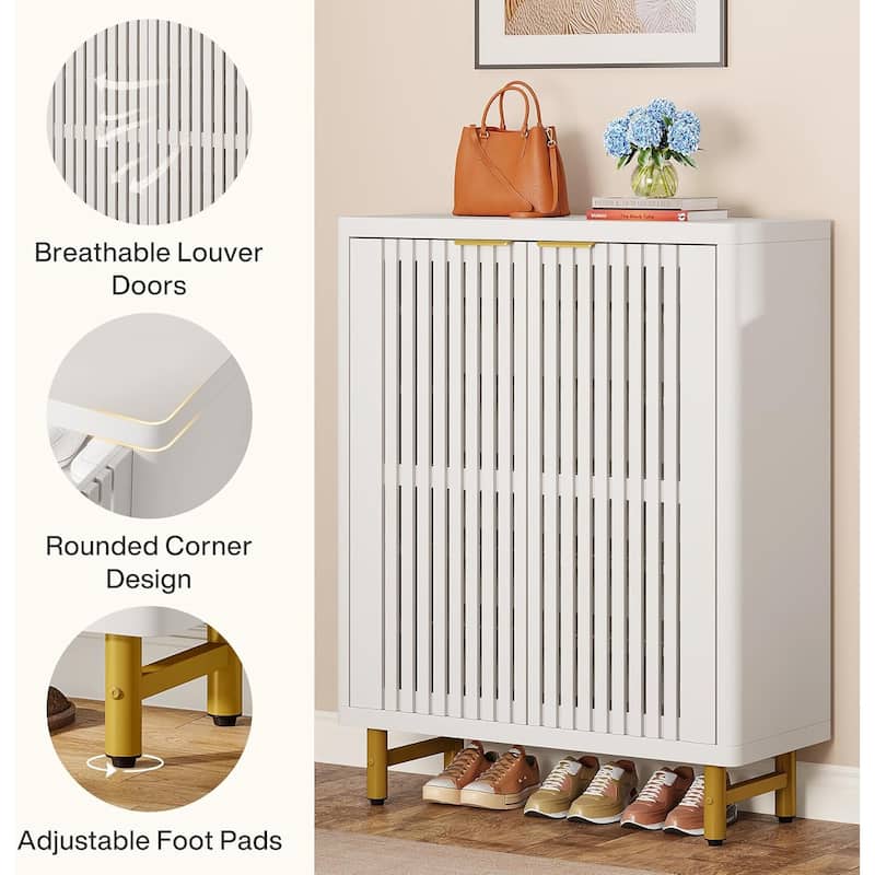 Wooden Shoe Cabinet with Shutter Doors, Adjustable Shelves Large Hidden Storage Organizer Rack for Entryway Hallway