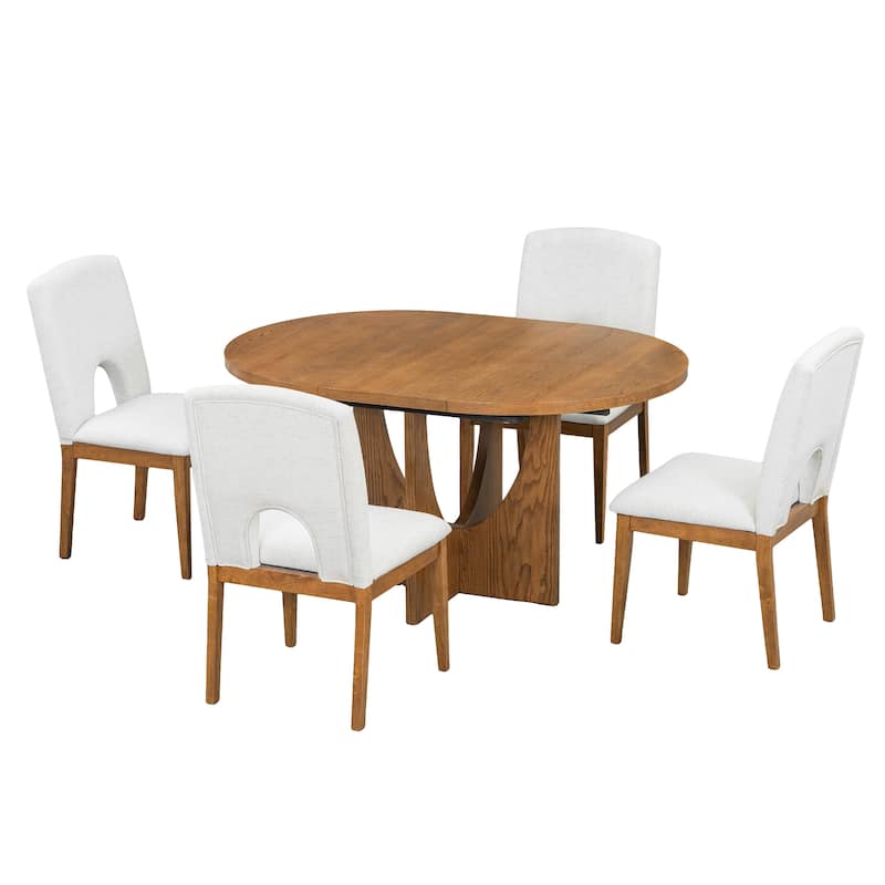 5 Piece Functional Dining Set, Wood Extendable Round Dining Table Set with Removable Leaf and 4 Upholstered Chairs