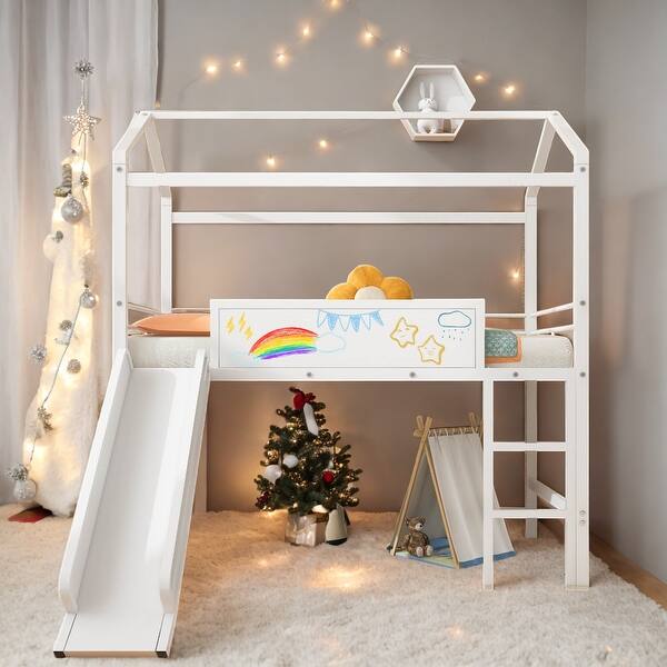 slide 2 of 42, Twin Metal Loft House Bed With Slide & Two-sided writable Board, White White