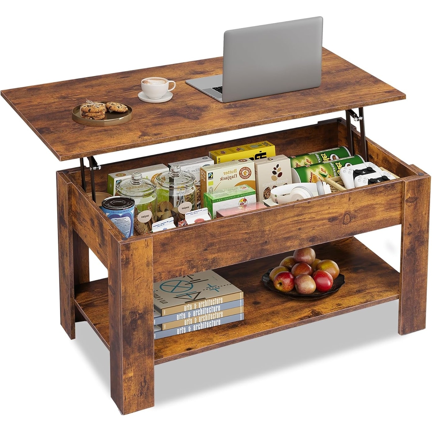 Lift-Top Coffee Table with Hidden Storage and Shelf, 39" for Living Room, Office, Rustic Brown