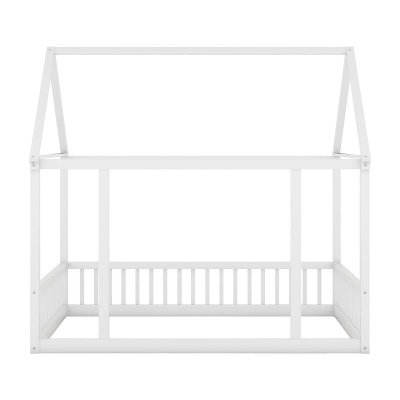 Full Size Pine Wood Floor Bed with House Roof & Guardrails