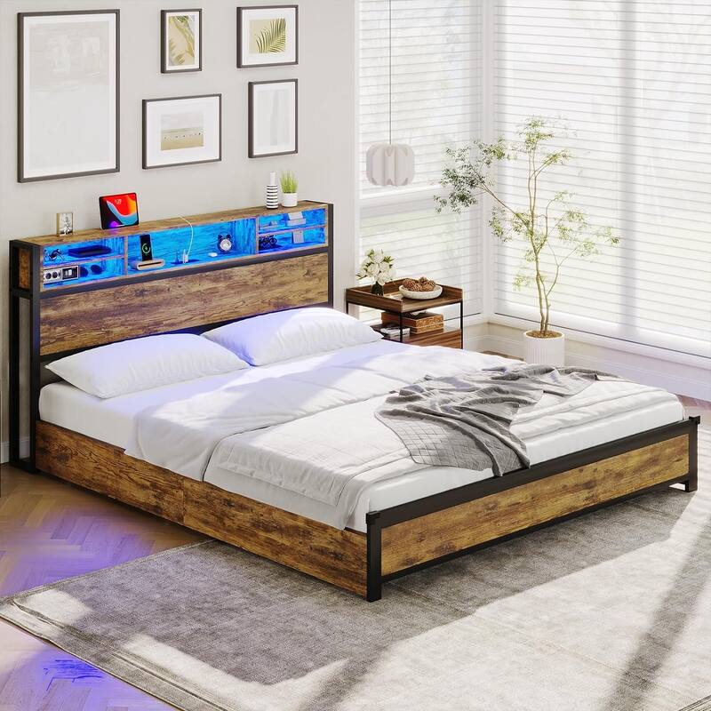 LED Queen Bed Frame with Storage Headboard