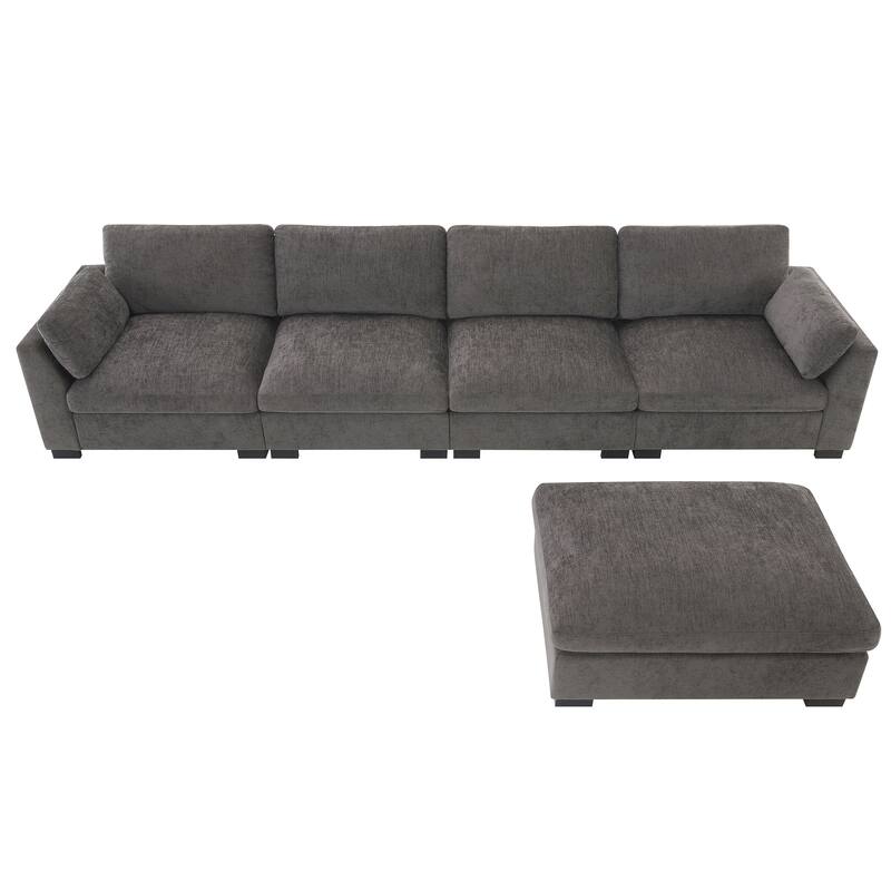 L-Shape Sectional Sofa with Folding Table, Dual-Port Charging, Side Pockets, 2 Pillows, Movable Ottoman, Chenille Modular Sofa
